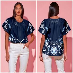 Tucker NYC The Short Sleeve Classic Blouse Small Royal Blue Dutch Floral Silk